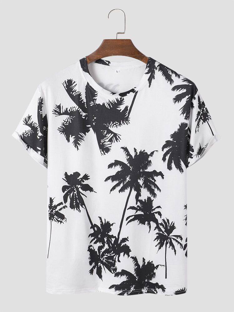 Coconut Tree Print Crew Neck Holiday Kortermede T-skjorter For Menn