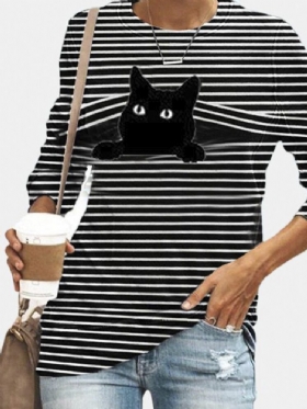 Dame Black Cat Print Langermet O-hals Stripet Casual T-skjorte