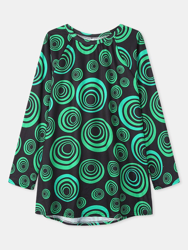 Dame Circle Print Rund Hals Drop Shoulder Langermet Løs T-skjorte