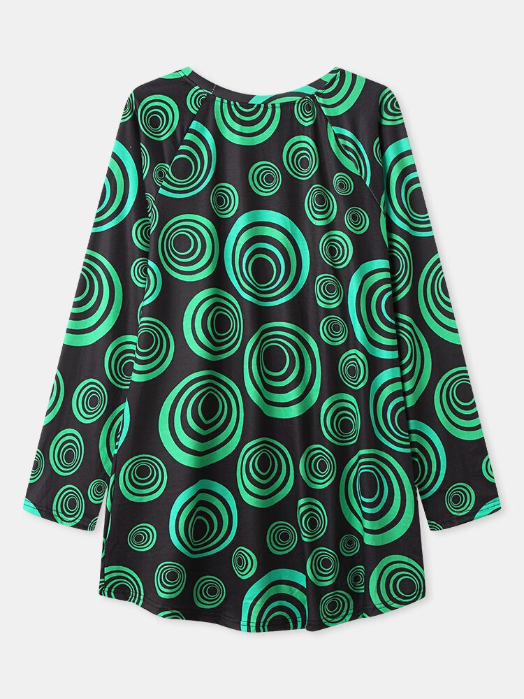 Dame Circle Print Rund Hals Drop Shoulder Langermet Løs T-skjorte