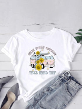 Dame Daisy Car Slogan Print O-hals Uformelle Kortermede T-skjorter