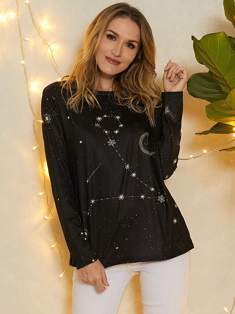 Dame Fiskene Print Stars Moon O-hals Langermet Casual T-skjorte