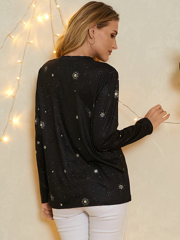 Dame Fiskene Print Stars Moon O-hals Langermet Casual T-skjorte