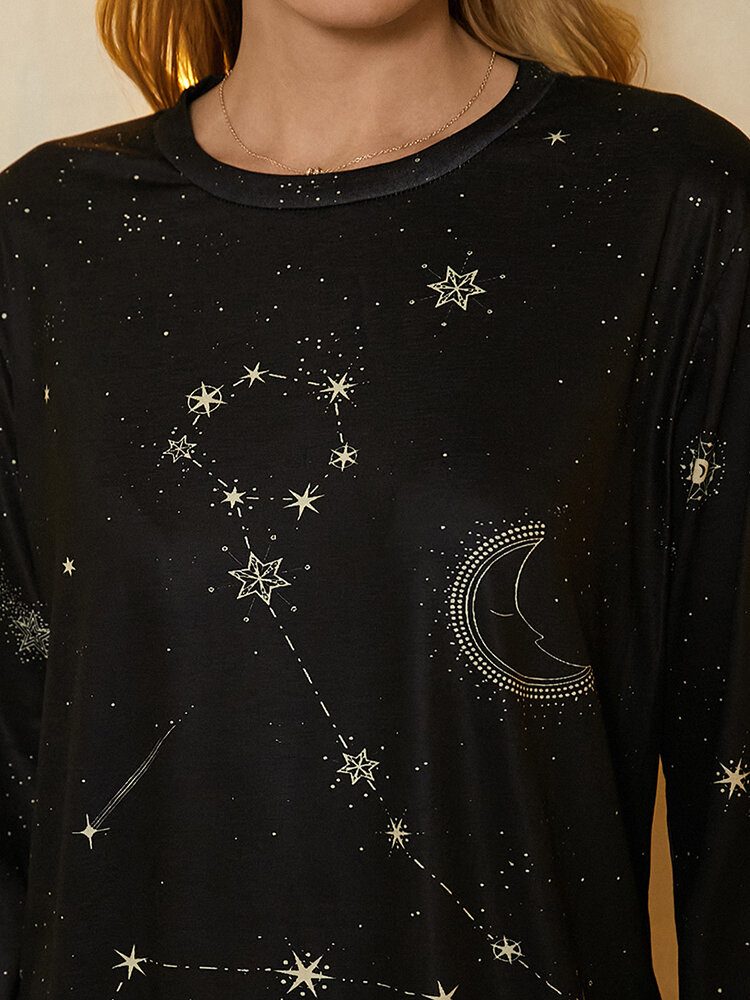 Dame Fiskene Print Stars Moon O-hals Langermet Casual T-skjorte