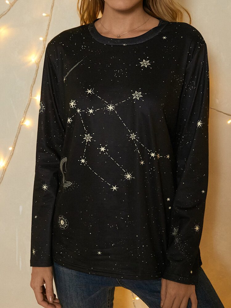 Dame Gemini Print Stars Moon O-hals Langermet Casual T-skjorte