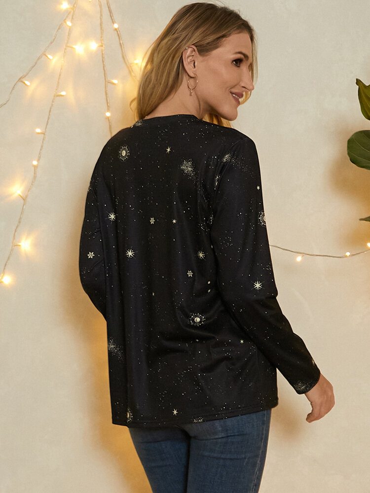 Dame Gemini Print Stars Moon O-hals Langermet Casual T-skjorte