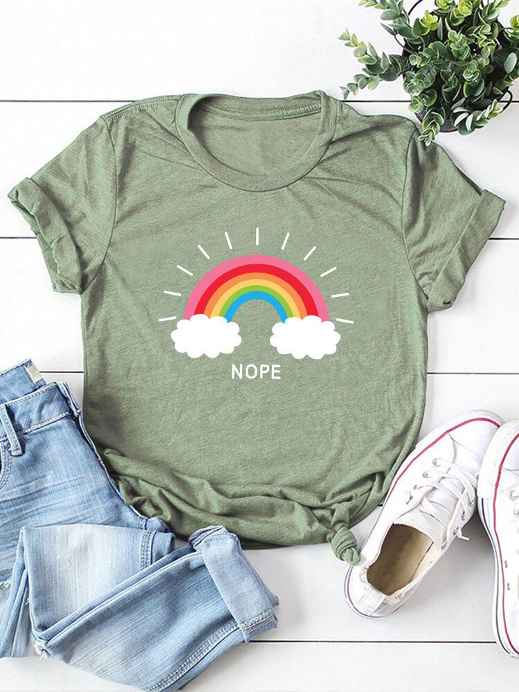 Dame Rainbow Letter Print O-hals Kortermet Casual T-skjorter