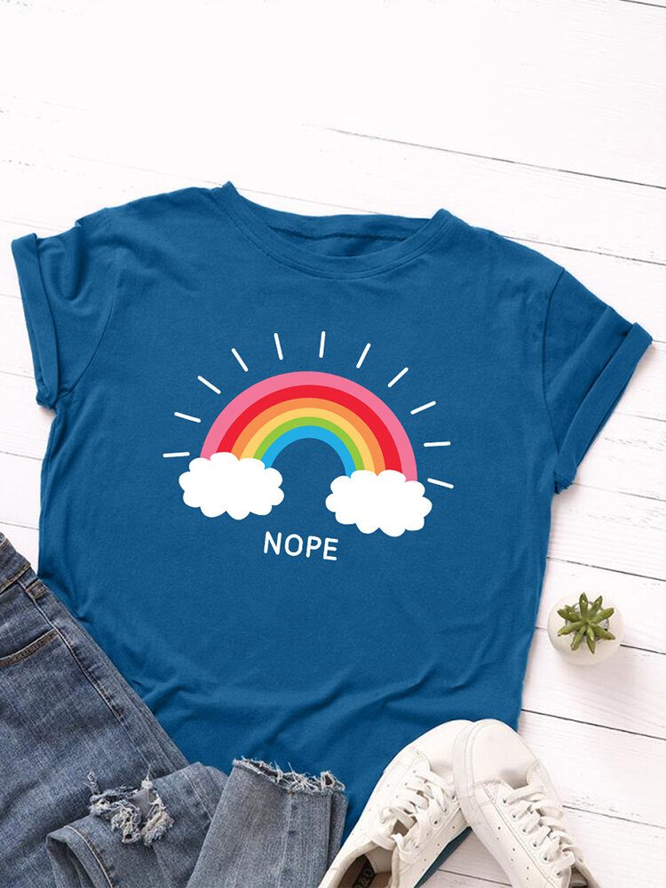 Dame Rainbow Letter Print O-hals Kortermet Casual T-skjorter