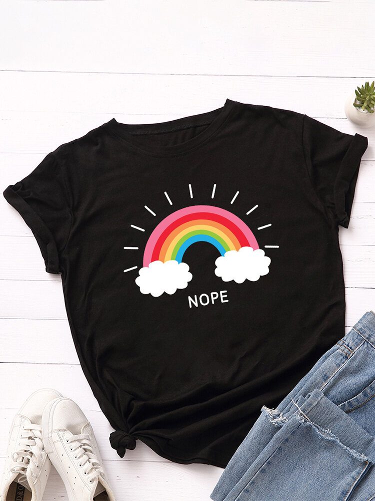 Dame Rainbow Letter Print O-hals Kortermet Casual T-skjorter