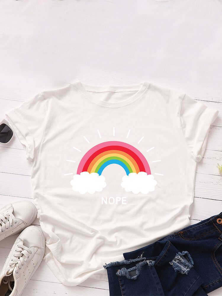 Dame Rainbow Letter Print O-hals Kortermet Casual T-skjorter