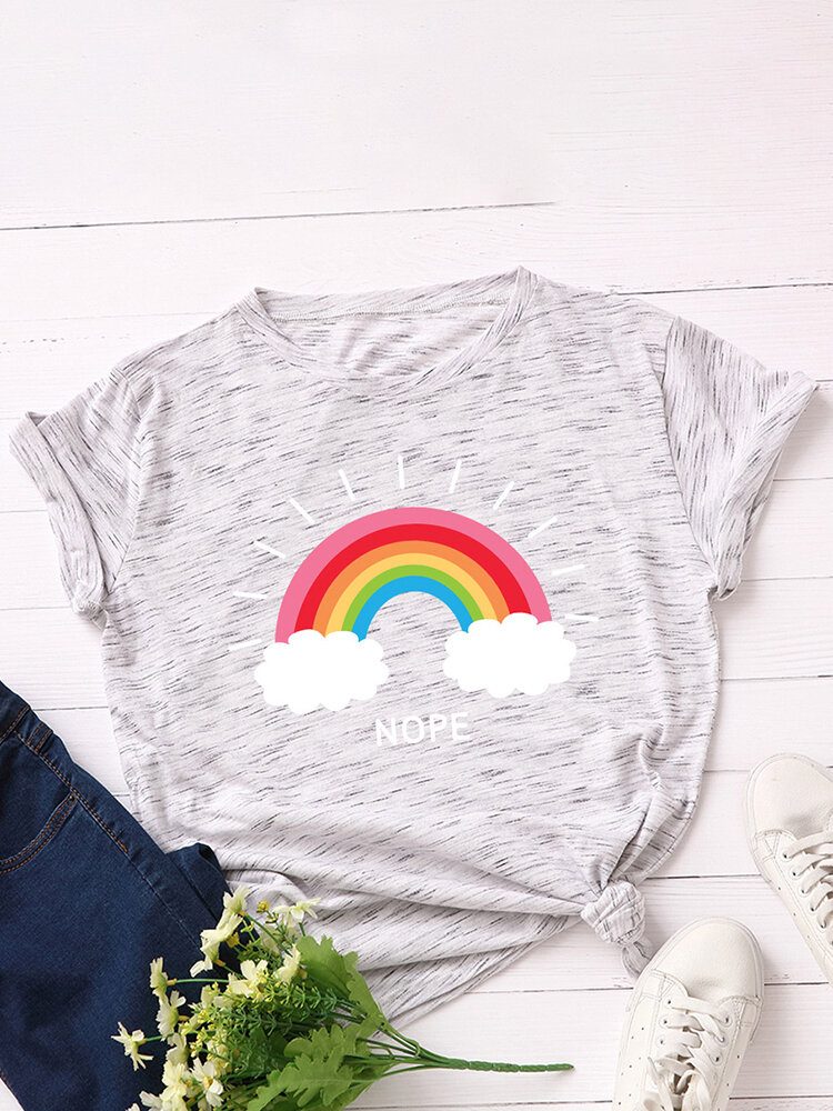 Dame Rainbow Letter Print O-hals Kortermet Casual T-skjorter