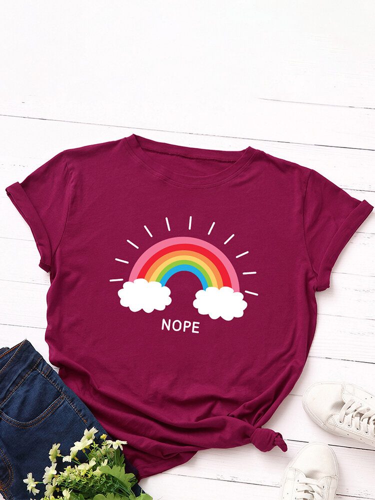 Dame Rainbow Letter Print O-hals Kortermet Casual T-skjorter