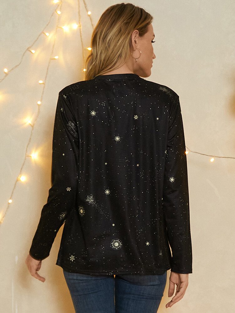 Dame Skorpion Print Stars Moon O-hals Langermet Casual T-skjorte