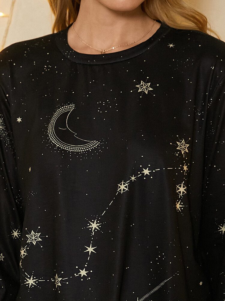 Dame Skorpion Print Stars Moon O-hals Langermet Casual T-skjorte