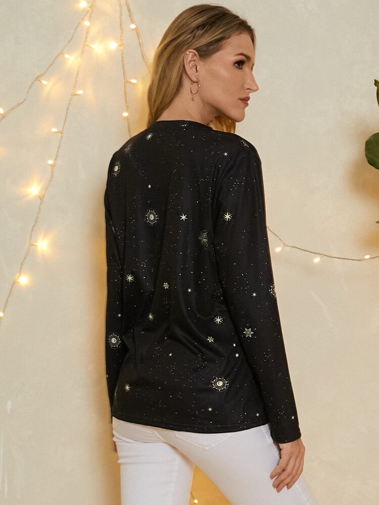 Dame Taurus Print Stars Moon O-hals Langermet Casual T-skjorte