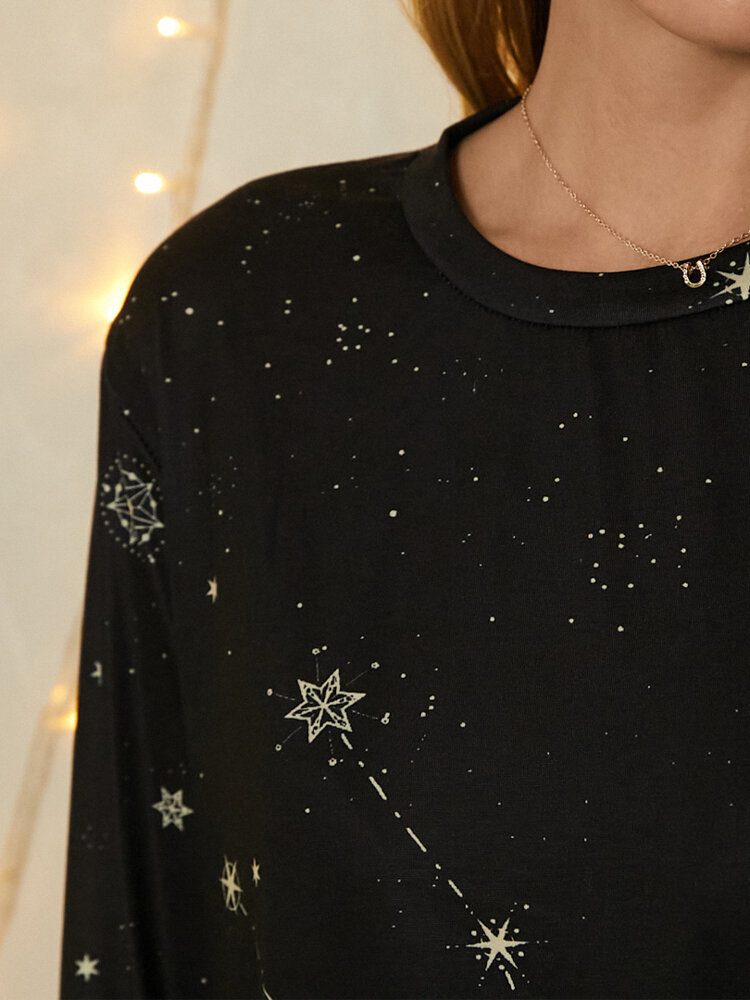 Dame Taurus Print Stars Moon O-hals Langermet Casual T-skjorte