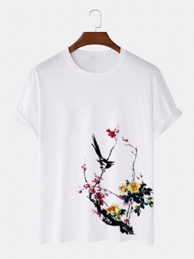 Herre Bird Plum Bossom Print Kortermet Bomull T-skjorter