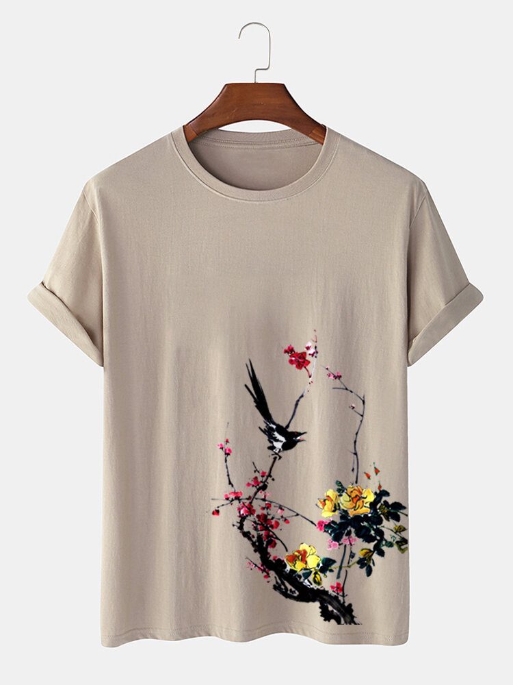 Herre Bird Plum Bossom Print Kortermet Bomull T-skjorter