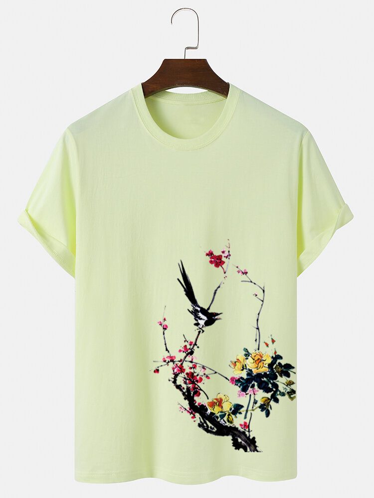 Herre Bird Plum Bossom Print Kortermet Bomull T-skjorter