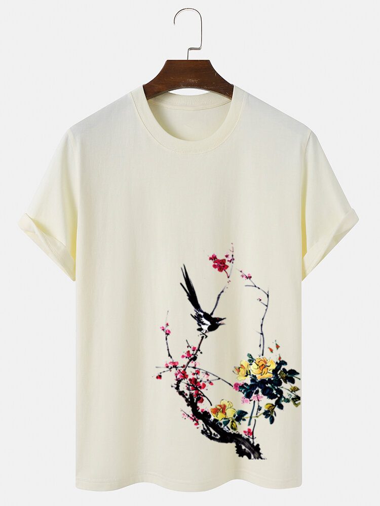 Herre Bird Plum Bossom Print Kortermet Bomull T-skjorter