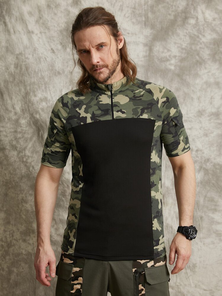 Herre Camo Print Patchwork Front Glidelås Hudvennlig Kortermet Uformell T-skjorte