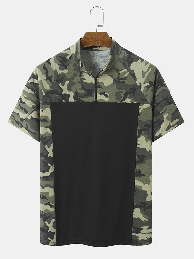 Herre Camo Print Patchwork Front Glidelås Hudvennlig Kortermet Uformell T-skjorte