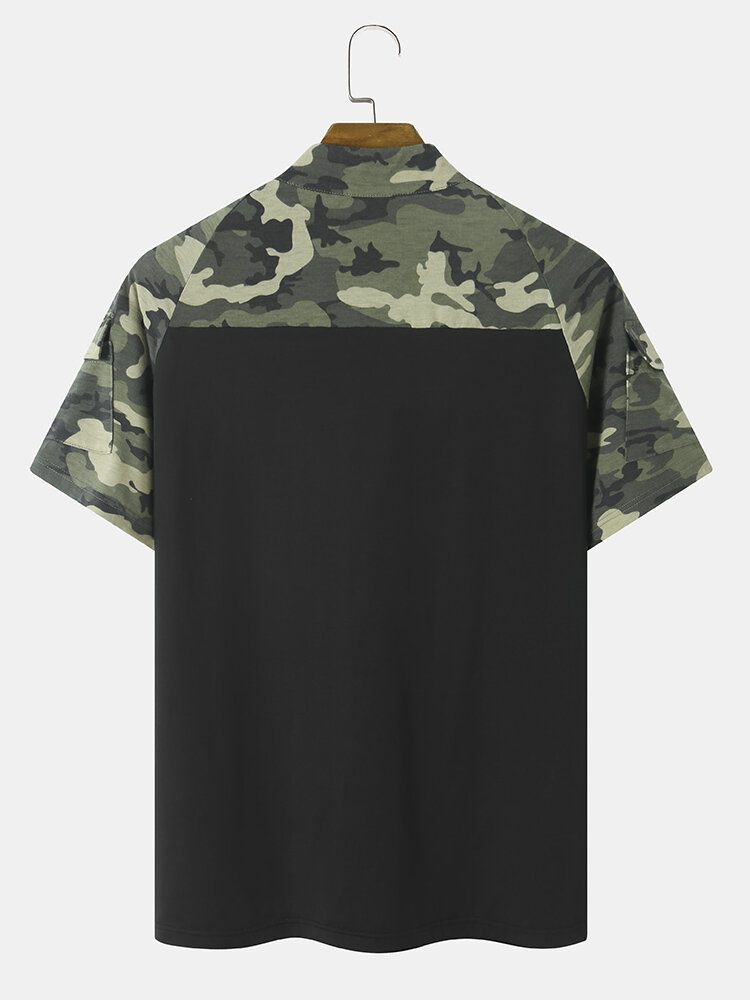 Herre Camo Print Patchwork Front Glidelås Hudvennlig Kortermet Uformell T-skjorte