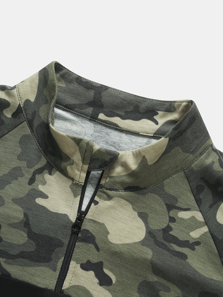 Herre Camo Print Patchwork Front Glidelås Hudvennlig Kortermet Uformell T-skjorte