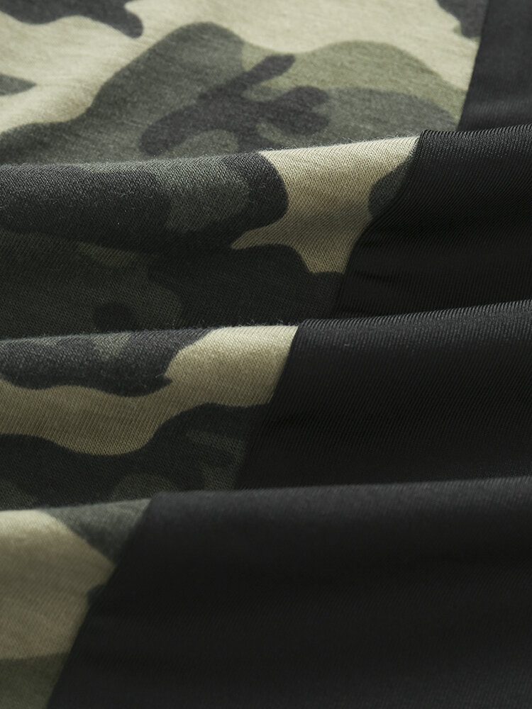 Herre Camo Print Patchwork Front Glidelås Hudvennlig Kortermet Uformell T-skjorte