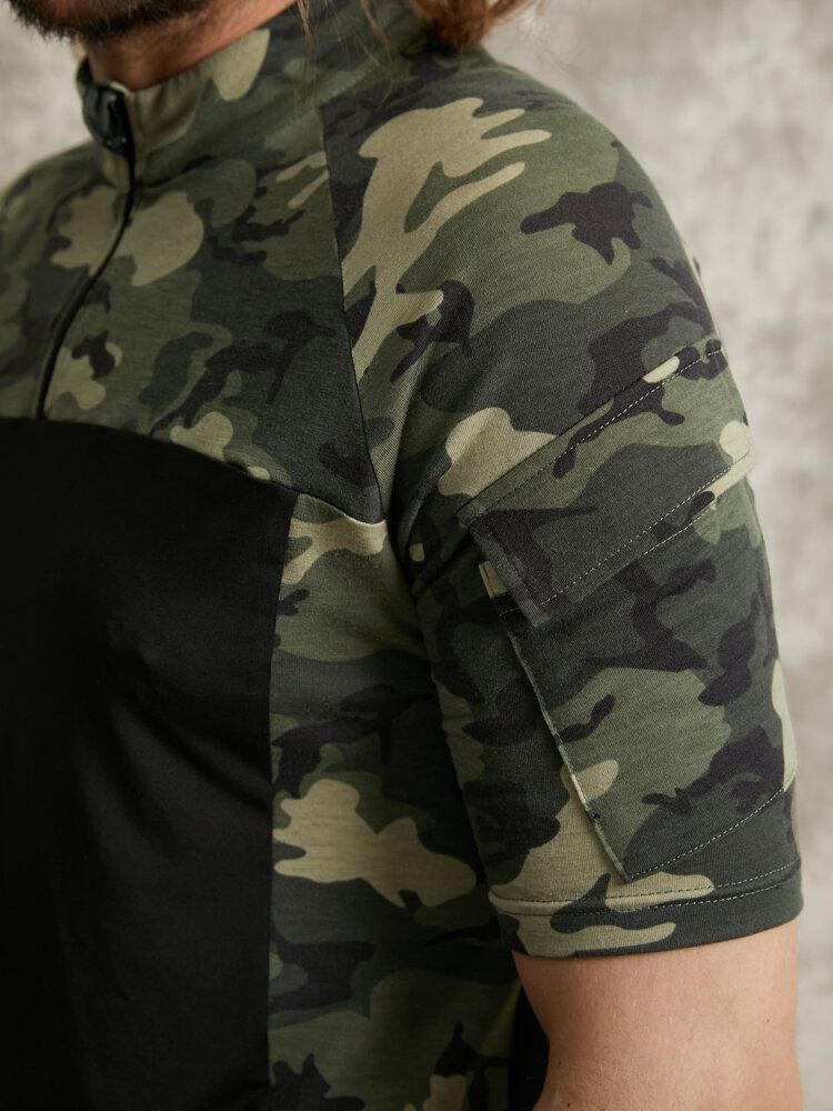 Herre Camo Print Patchwork Front Glidelås Hudvennlig Kortermet Uformell T-skjorte