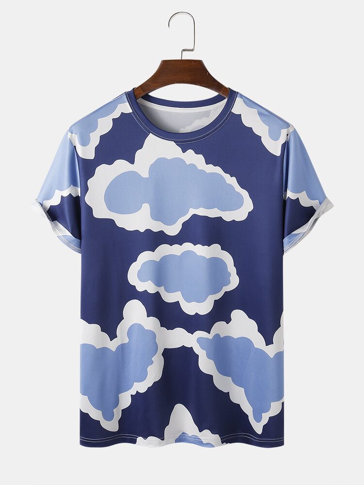 Herre Cloud Print Crew Neck Løse Ferie Kortermede T-skjorter