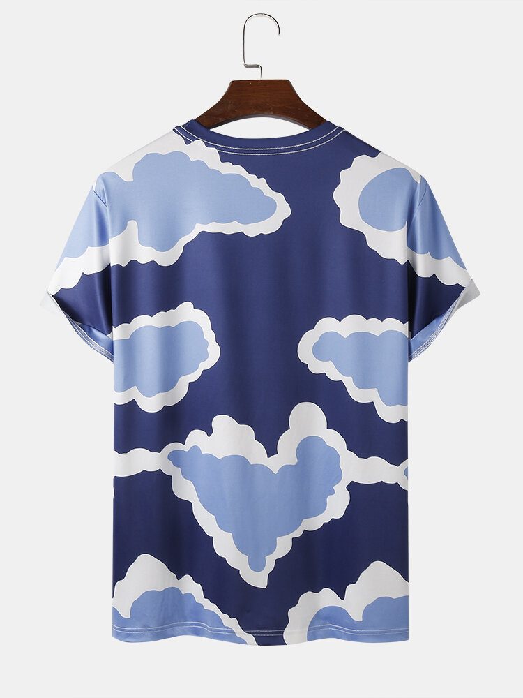 Herre Cloud Print Crew Neck Løse Ferie Kortermede T-skjorter