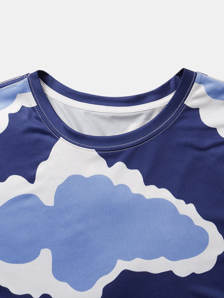 Herre Cloud Print Crew Neck Løse Ferie Kortermede T-skjorter