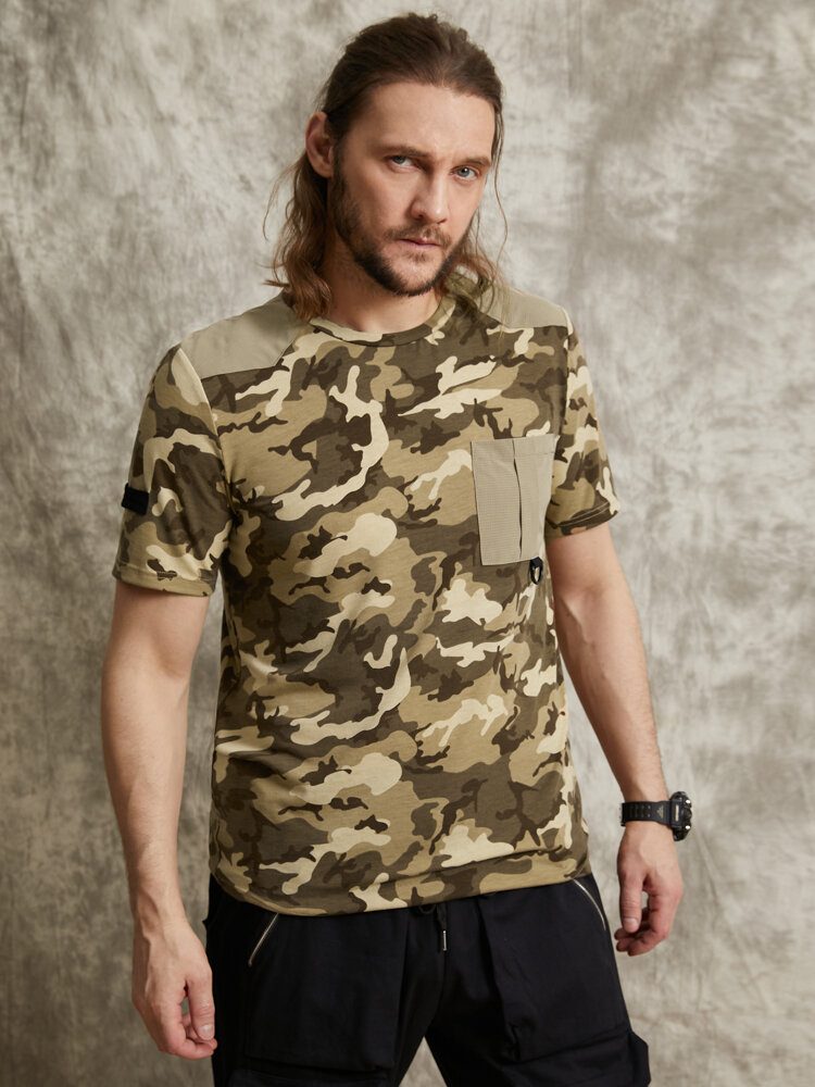 Herre Gingham Camo Print Enkellommeskant Mansjett Hudvennlig Kortermet T-skjorte