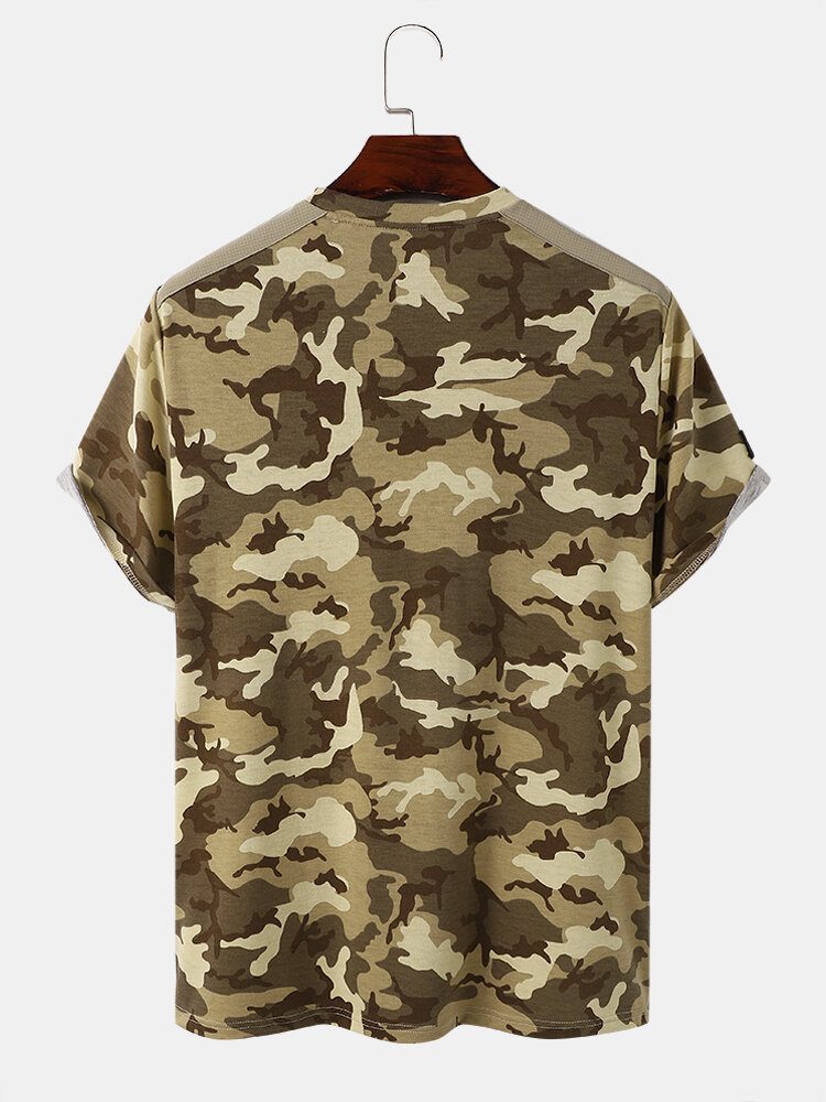 Herre Gingham Camo Print Enkellommeskant Mansjett Hudvennlig Kortermet T-skjorte