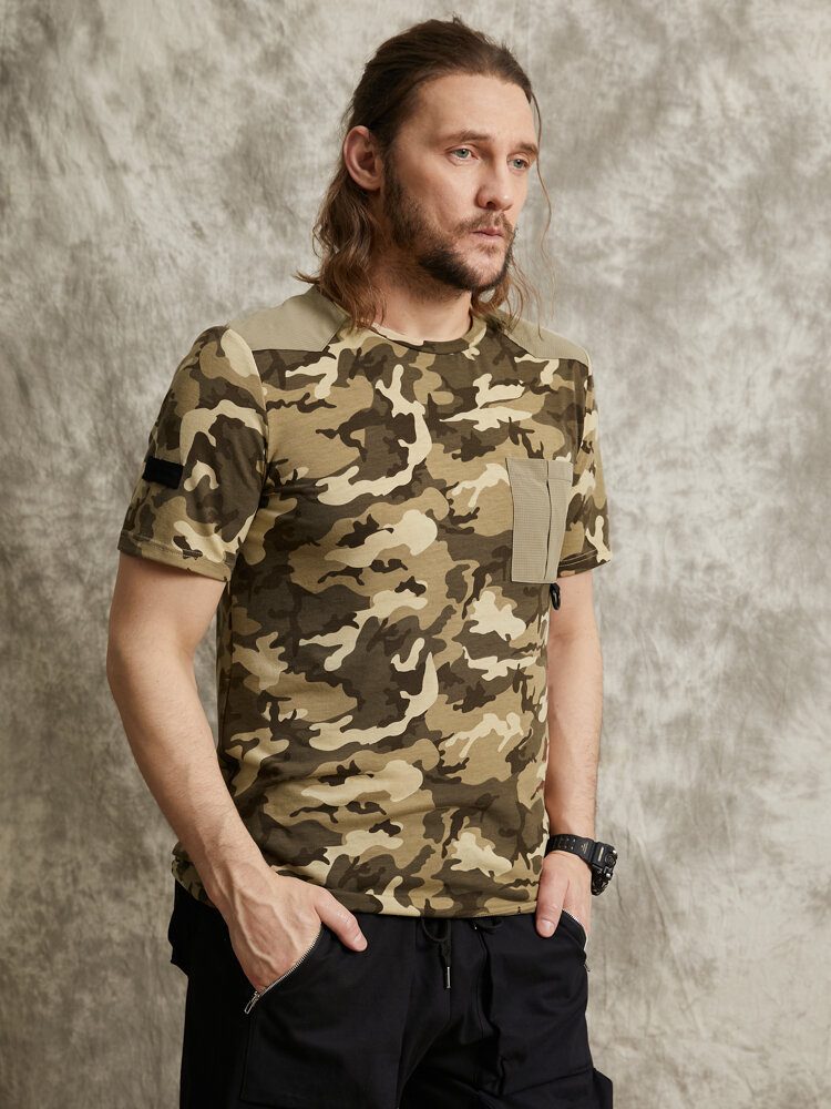 Herre Gingham Camo Print Enkellommeskant Mansjett Hudvennlig Kortermet T-skjorte