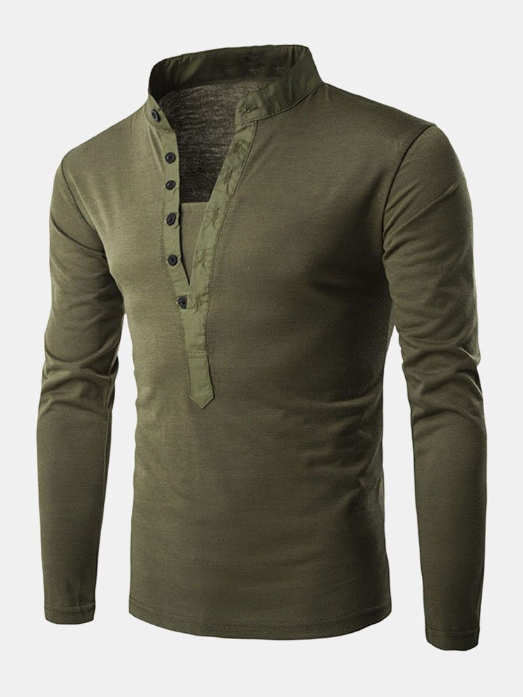 Herre Henley Collar Ensfarget Langermet Fritids T-skjorter