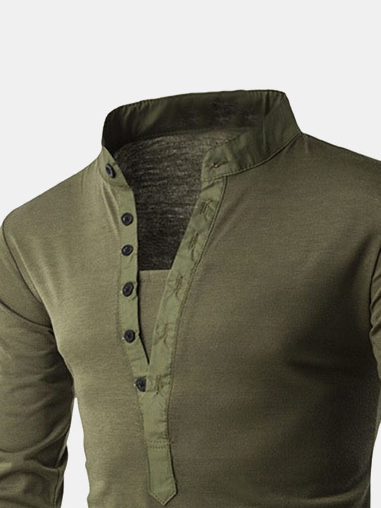 Herre Henley Collar Ensfarget Langermet Fritids T-skjorter