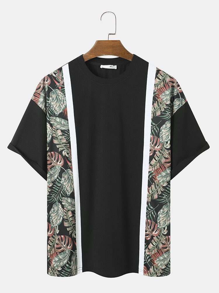 Herre Tropical Leaf Print Patchwork Crew Neck Myk Kortermet Uformelle T-skjorter