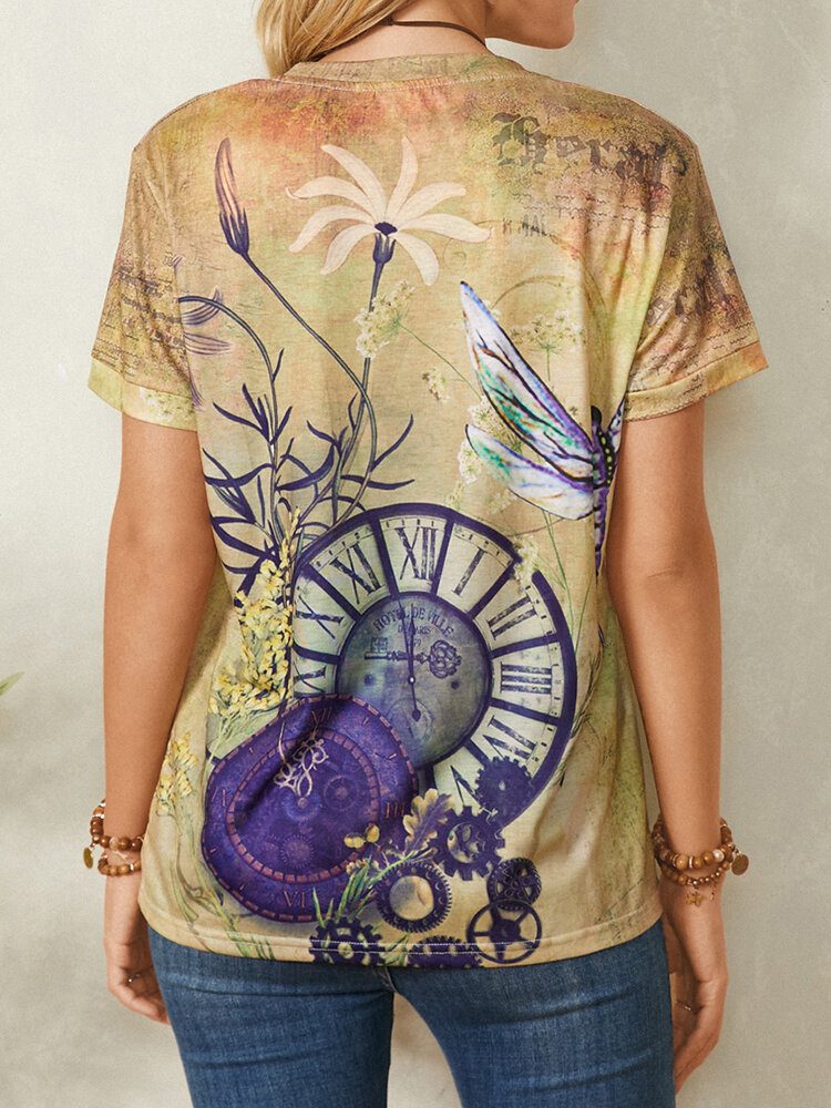 Klokke Dragonfly Print Kortermet O-hals Casual Vintage T-skjorte For Kvinner