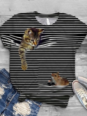 Kvinner 3d Cat Animal Pinstripe Print O-hals Uformelle Kortermede T-skjorter