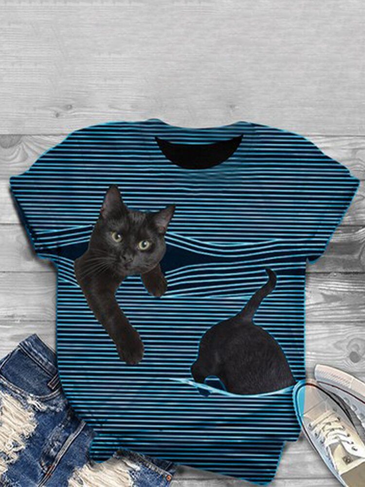 Kvinner 3d Cat Animal Pinstripe Print O-hals Uformelle Kortermede T-skjorter