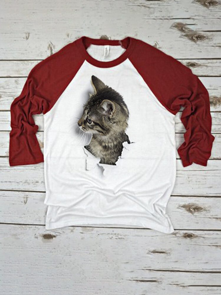 Kvinner 3d Cat Patchwork Raglan-ermer Uformell T-skjorte Med Rund Hals