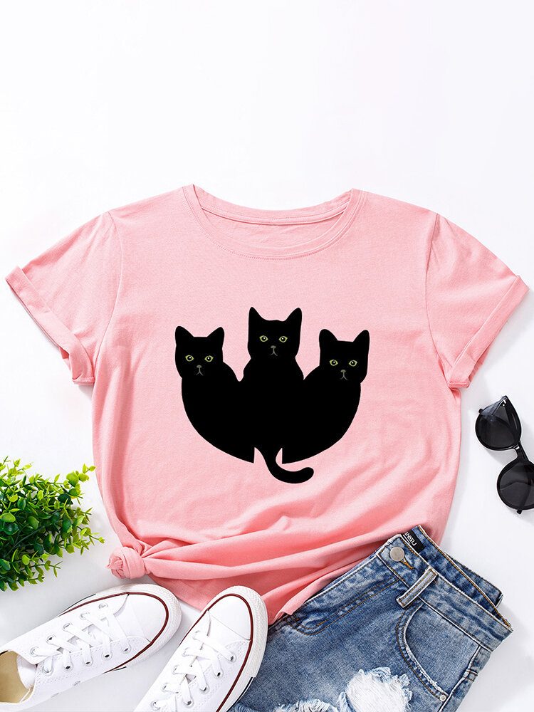 Kvinner Black Cats Print O-hals Multicolor Casual Kortermet T-skjorte