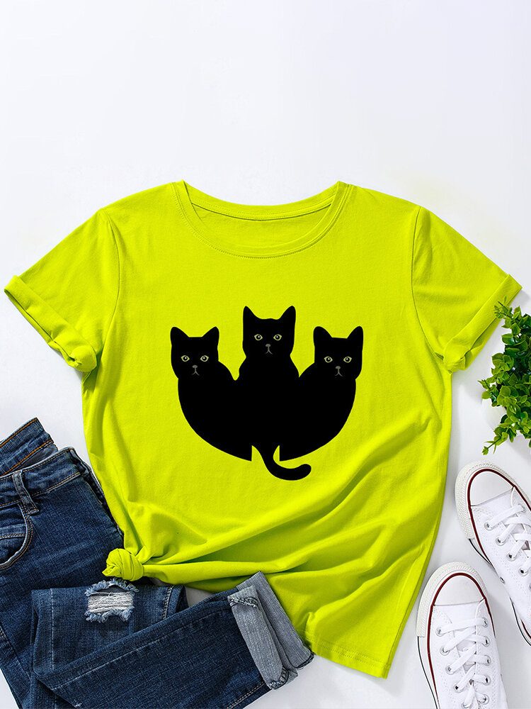 Kvinner Black Cats Print O-hals Multicolor Casual Kortermet T-skjorte