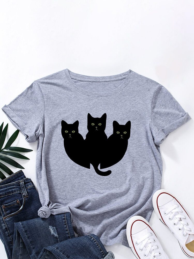 Kvinner Black Cats Print O-hals Multicolor Casual Kortermet T-skjorte