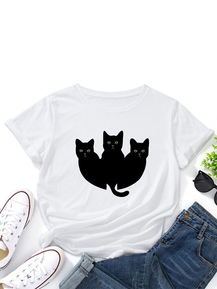 Kvinner Black Cats Print O-hals Multicolor Casual Kortermet T-skjorte