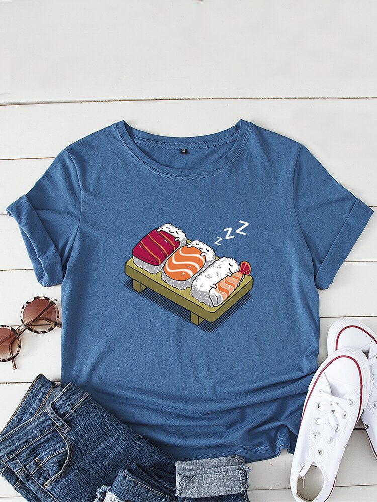 Kvinner Cartoon Sleeping Sushi Print O-hals Kortermet Fritids T-skjorte