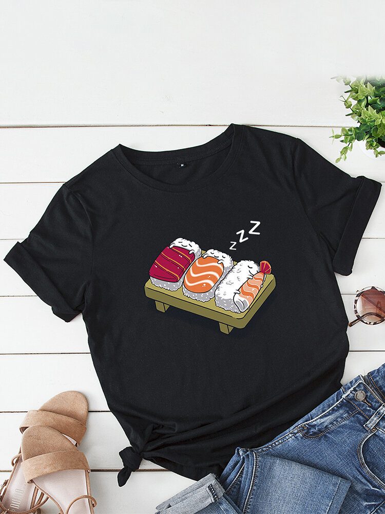 Kvinner Cartoon Sleeping Sushi Print O-hals Kortermet Fritids T-skjorte