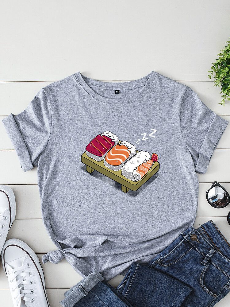 Kvinner Cartoon Sleeping Sushi Print O-hals Kortermet Fritids T-skjorte